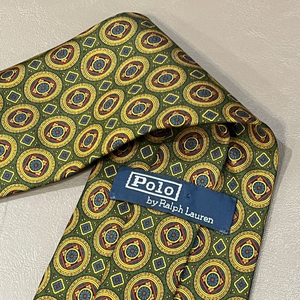 Polo Ralph Lauren Vintage Geometric Circle Print Silk Tie in Green and Gold - Picture 8 of 12